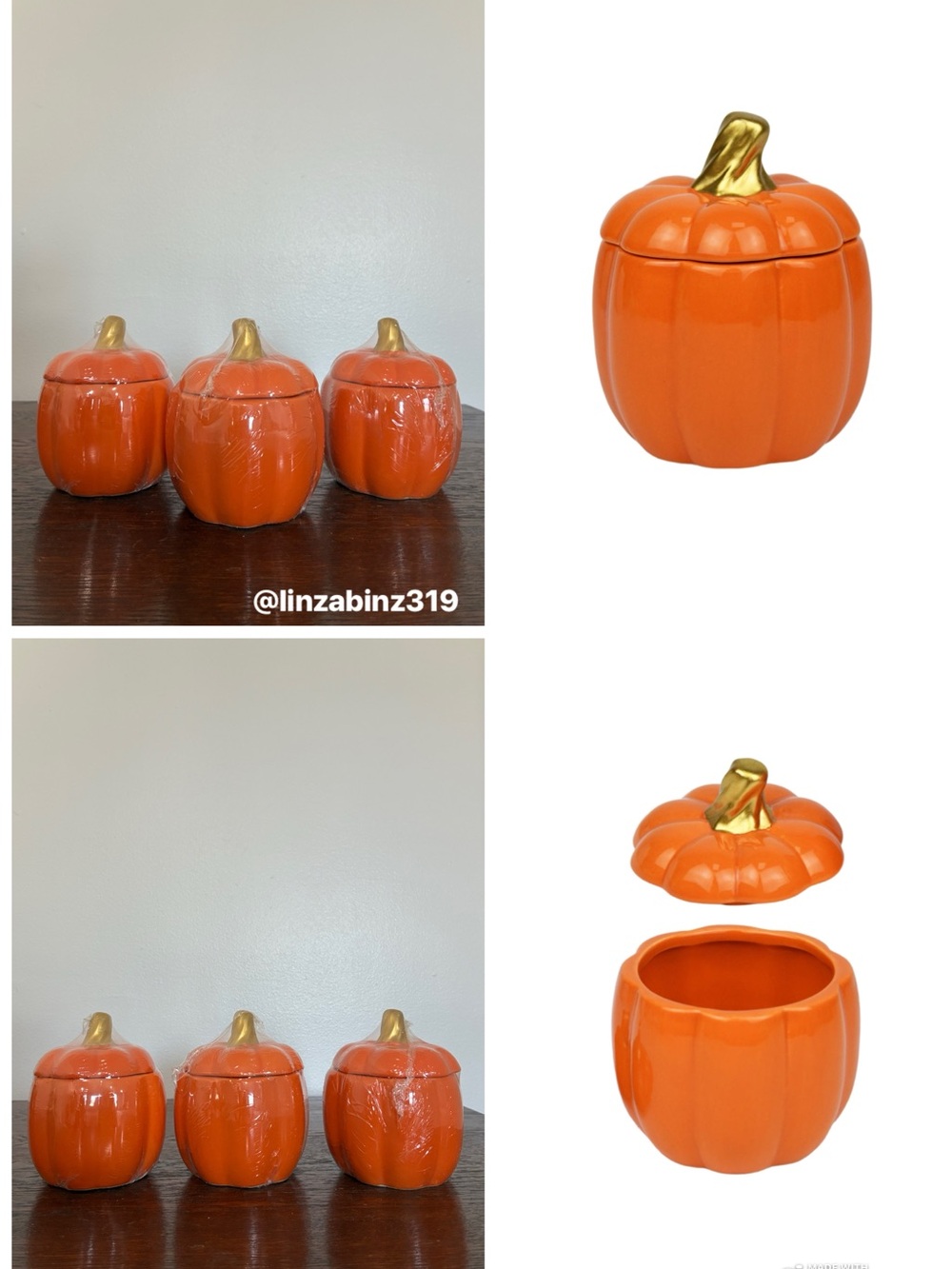 NWT- Set of 3- Orange Ceramic Pumpkin Jars with Lid & Gold Stems